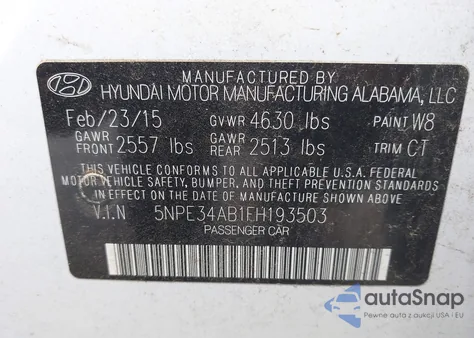 2015 Hyundai Sonata Sport 2.0T из США, поврежденный, VIN 5NPE34AB1FH193503